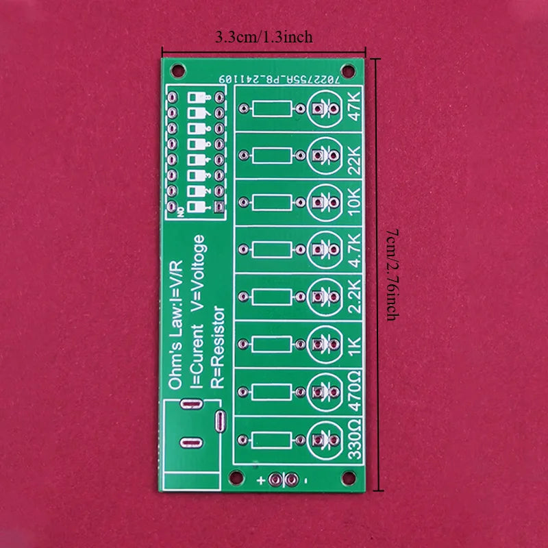 Dimensions and component layout of the soldering practice board