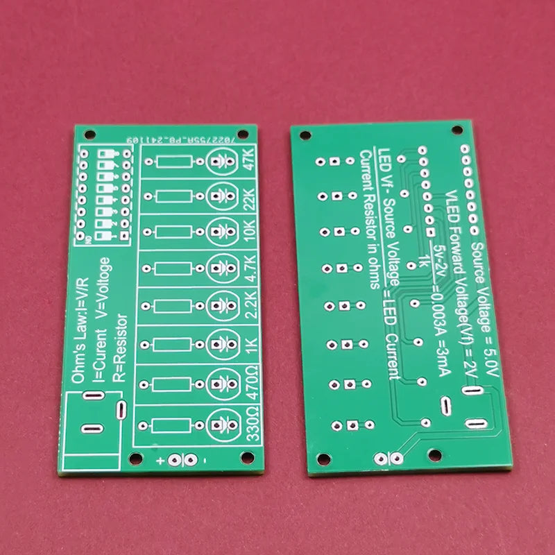 Front and back of the LED soldering practice circuit board
