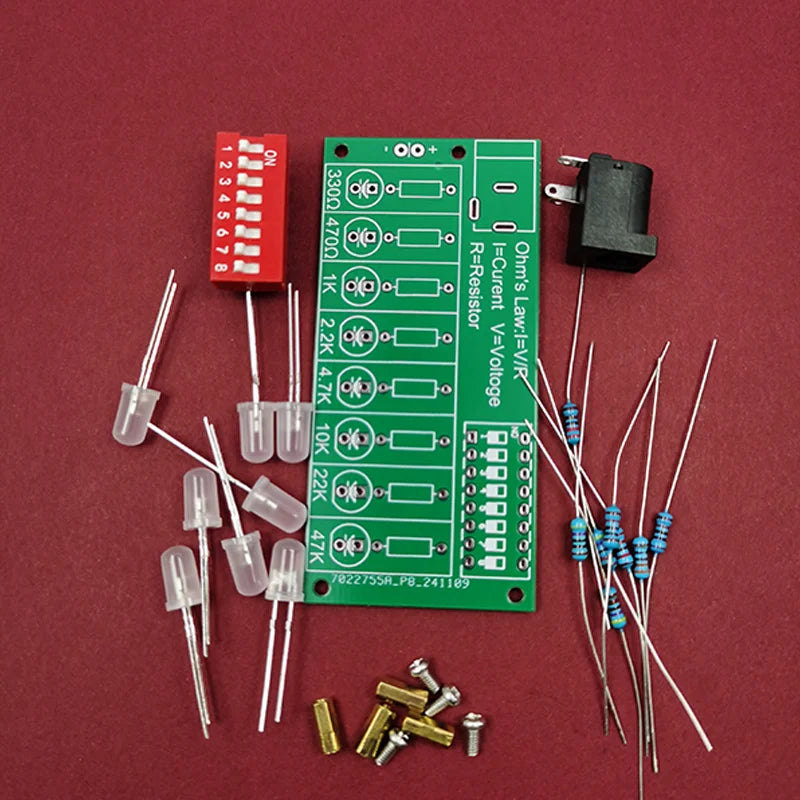 Unassembled soldering practice kit with circuit board and included components
